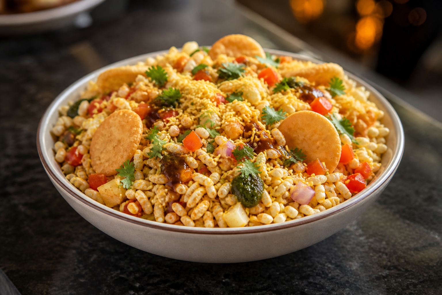Fresh Mumbai-style bhel puri with puffed rice, sev and chutneys