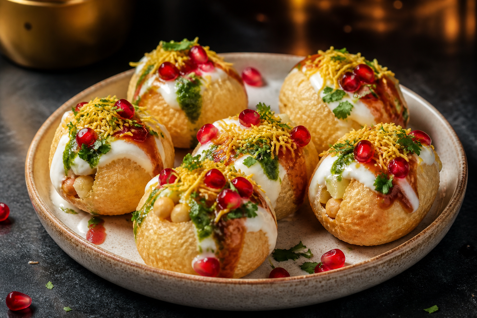 Dahi puri topped with yogurt, chutneys, sev and pomegranate