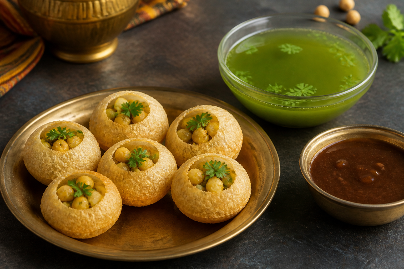 Crisp pani puri with mint water and tamarind chutney
