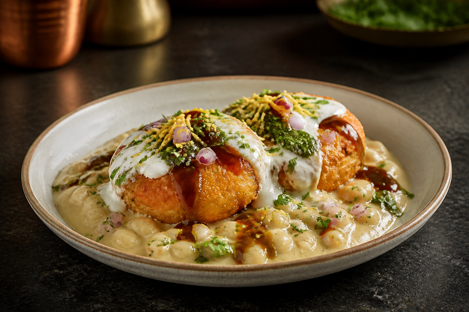 Ragda pattice topped with chutneys, yogurt, sev and coriander
