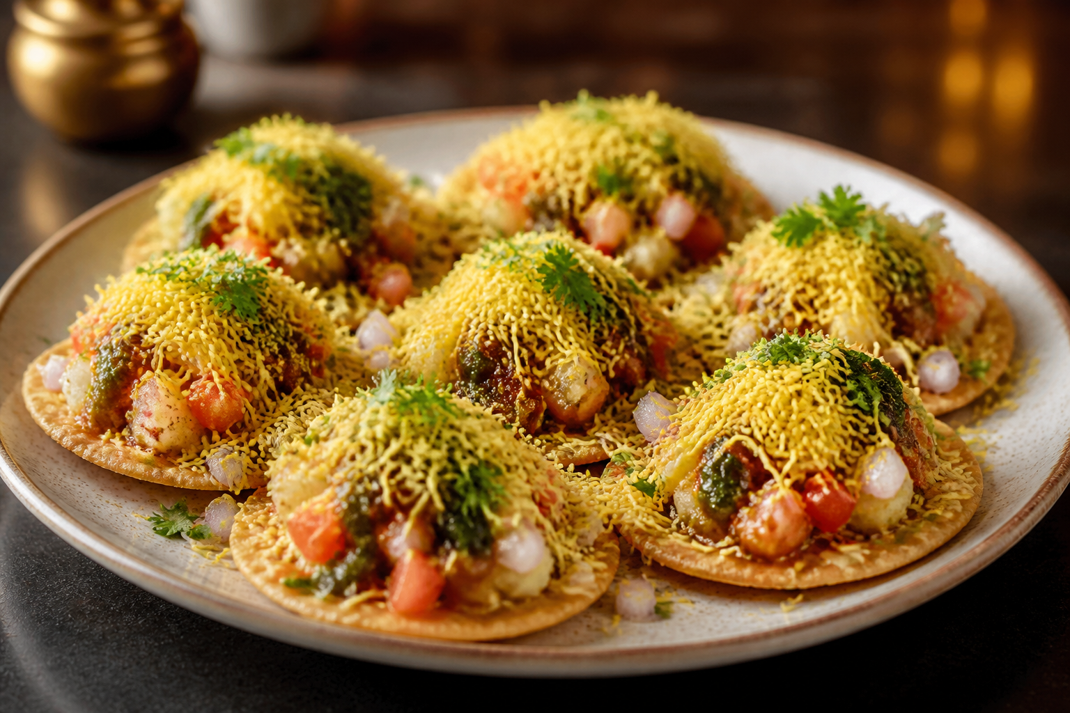 Crisp sev puri topped with chutneys, vegetables and fine sev