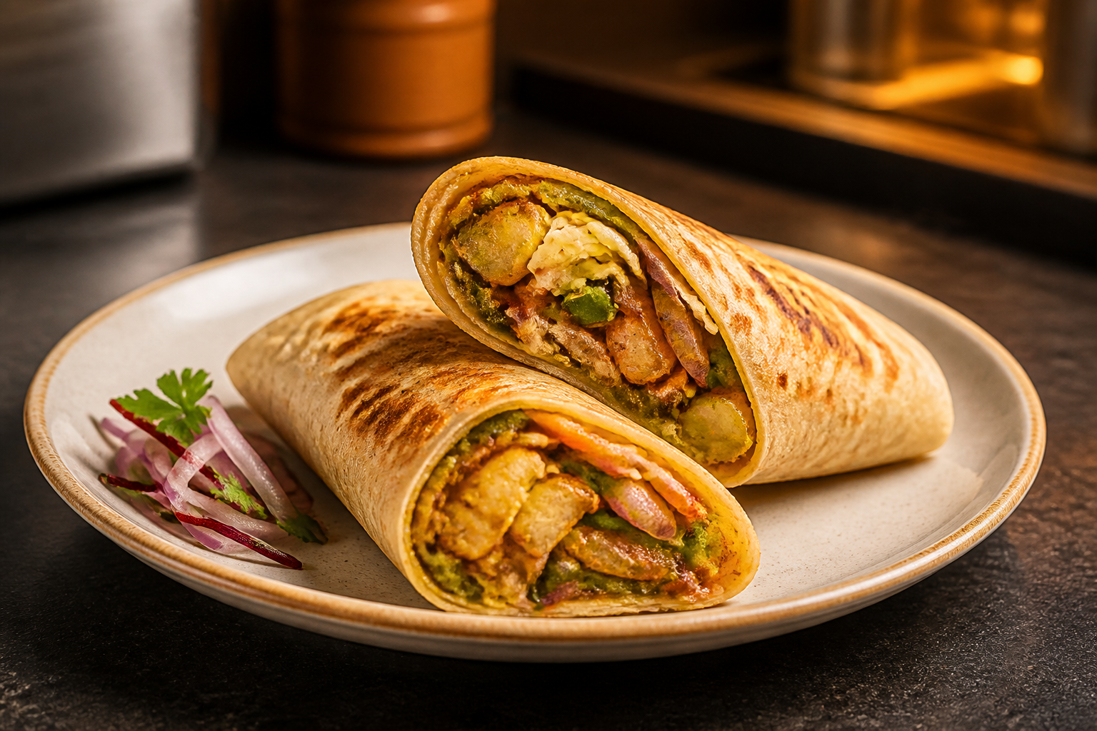 Toasted veg Frankie cut open to show its spiced vegetable filling