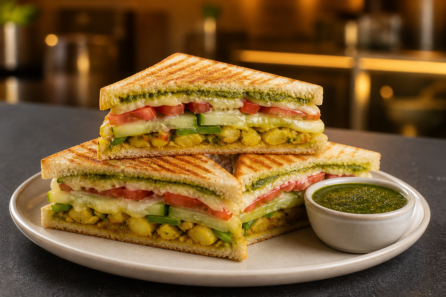 Toasted vegetable club sandwiches served with green chutney